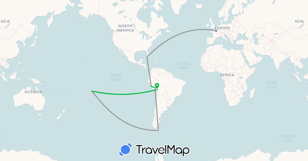 TravelMap itinerary: driving, bus, plane in France, Peru, French Polynesia (Europe, Oceania, South America)